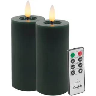 Candela LED Kerzen 2er Set H:10xØ5cm Winter grün glatt Echtwachs mit Fernbedienung Timer Funktion & mehrstufig dimmbar flammenlos Echtwachskerzen Stumpenkerze