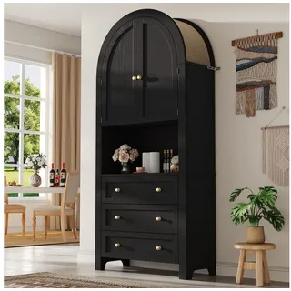 Flieks Mehrzweckschrank Bogen-Hochschrank mit Schubladen und Bogentüren (für Schlafzimmer, Wohnzimmer, Flur, Esszimmer und Arbeitszimmer, 1-St., B70/T35/H180 cm) Vitrine Highboard Aufbewahrungsschrank Schwarz, Höhe ca. 180 cm schwarz