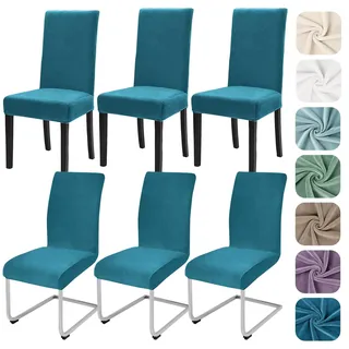 Alishomtll Stretch Samt Stuhlhussen 6er Set Velvet/Velour Stuhlbezug Schwingstuhl Elastische Hussen Waschbarer Stühle Schutz für Küche Restaurant Hotel Bankett Hochzeit (Pfaublau, 6 Stück)