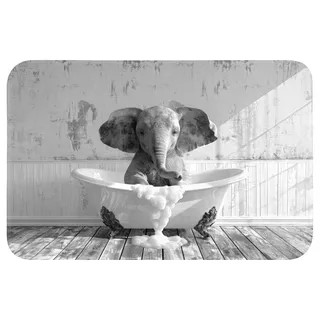 OnlyWow Badematte Elefant - Vintage - Tiere - Schwarz - Weiß, Höhe 10 mm, Polyester, Rechteckig, Badezimmerteppich, Badteppich, Rutschfest, Badvorleger, Waschbar Rechteckig | 60 cm x 40 cm x 10 mm