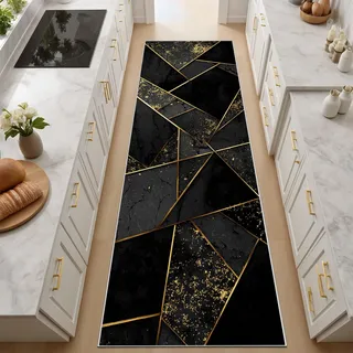 Luxuriöse Geometrie Linien Aus Blattgold Teppich Läufer Flur Rutschfest 60x180 cm Flurläufer Lang, Geometrie Muster Schwarz Gold Waschbare Teppiche Extra Dünn Läufer für Schlafzimmer Bettvorleger