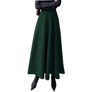 Damen Lang Rock Elegant Maxi Winterrock Plaid Warm Wollrock Hohe Taille Karierter röcke Herbst Elastische Taille Vintage A Linie Casual Midi Faltenrock C Dark Green XXL - XXL