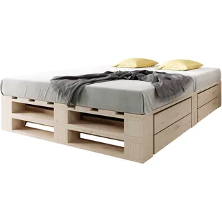 sunnypillow Palettenbett M2 aus Holz 200 x 200 cm mit Lattenrost und 2 Bettkästen. Doppelbett, Familienbett - erhöhtes Ehebett Bettgestell Futonbett Komforthöhe Naturholz Massivholzbett