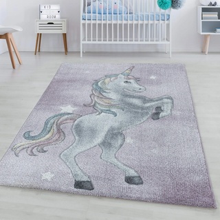 Kinderteppich Kurzflor Einhorn Sterne Design Kinderzimmer Teppich Violet, Farbe:Violett, Grösse:160x230 cm