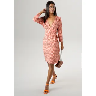 Jerseykleid ANISTON SELECTED Gr. 42, N-Gr, bunt (beige, rot, rosa) Damen Kleider Freizeitkleider mit geometrischem Muster und seitlichem Bindedetail - NEUE KOLLEKTION