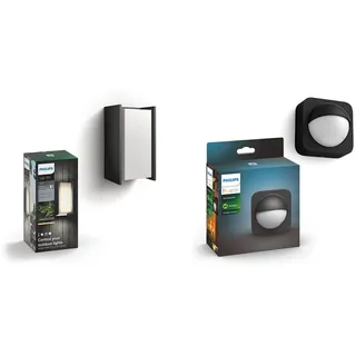 Philips Hue LED Wandleuchte Turaco für den Aussenbereich, warmweißes Licht, kompatibel mit Amazon Alexa (Echo, Echo Dot) + Bewegungssensor für den Aussenbereich, integrierter Tageslichtsensor, schwarz