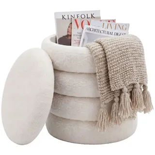 Sitz- & Fußhocker Boho mit Stauraum aus Teddy-Stoff in Creme, Ø 40 cm