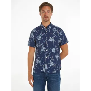 Leinenhemd TOMMY HILFIGER "LI TROPICAL PRT SF SHIRT" Gr. XXL, N-Gr, blau (carbon navy, multi) Herren Hemden Kurzarm mit tropischen Print