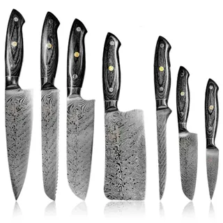 Küchenkompane - Edelstahl Messerset Kumai - 7-teiliges Küchenmesser Set - Kochmesser im Damast Design mit Epoxidharz Griff inkl. Geschenkbox - rostfreie & scharfe Messer - Designed in Germany