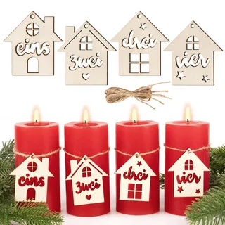 BOOMTOP 4Pcs Adventszahlen Holz 1-4 Adventskranz Zahlen für Kerzen Kerzenhalter 1 2 3 4 Holz Nummern Anhänger in Hausform Holzanhänger Advent Kerzenstecker Kerzen Adventsdeko Weihnachten Dekoration