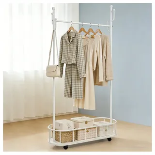 PRIISF Kleiderständer auf Rollen Garderobenständer mit Aufbewahrungskorb Große Kleiderstange, (170×80×30 cm stabil Standgarderobe Robuster Kleiderständer aus Metall, Freistehender Garderobenstange aus Stahlrohren, erhöhte Ablagestange), Jackenständer für Schlafzimmer, Waschküche, Kleidergeschäft, Flur
