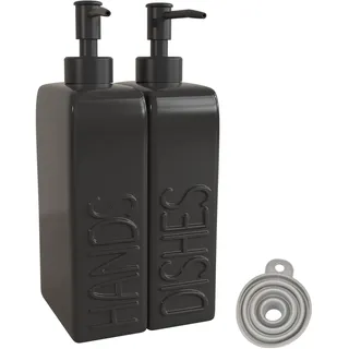 Karisky Seifenspender Set Keramik Handseifenspender mit 1 Silikon-Trichter, Mehrweg Spülmittelspender für Küchen, Bad Dusche, Schwarz Matt, 2 Stück