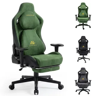 Asukale Gaming Stuhl Bürostuhl Ergonomisch, Atmungsaktiver Wildlederimitat Gaming Chair, Schreibtischstuhl mit Fußstütze Kopfstütze und Lendenkissen, 3D Armlehnen, 90-155° Rückenlehne, Grün