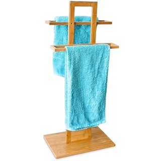 Relaxdays Handtuchständer Bambus mit 2 Handtuchstangen HBT 85 x 37 x 25 cm frei stehender Handtuchhalter in natürlicher Holz Optik als kleiner Herrendiener oder Kleiderständer im Bad, natur