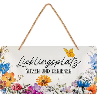 LANOLU Schild Lieblingsplatz Outdoor, Schild Garten, Deko Garten Vintage Schilder, Chill Lounge Gartendeko, Wanddeko Metallschild mit Jutekordel 16x32cm