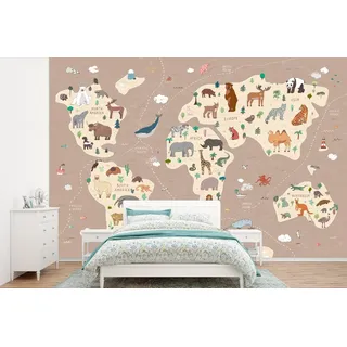 MuchoWow Fototapete Weltkarte Kinder - Tiere - Braun - Jungen - Mädchen, Matt, bedruckt, Wallpaper für Wohnzimmer, Schlafzimmer, Vinyl Tapete, 390x260 cm bunt 3.9 m x 3 m