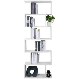 Mondeer Bücherregal mit 6 Ebenen, Regal weiß, S-förmig aus Holz,Büroregal mit Stauraum für Wohnzimmer & Schlafzimmer,70x24x190.5 cm