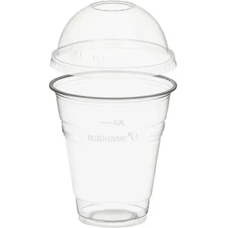 VEPATIM 50 Trinkbecher 300ml + Domdeckel mit Rundloch aus PLA | Domdeckel mit Rundloch, kompostierbarer Kunststoff (PLA)