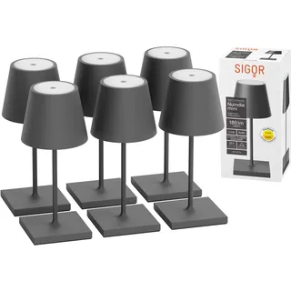 SIGOR 6 Stück Nuindie 2.0 mini - Dimmbare kleine LED Akku-Tischlampe Indoor & Outdoor, IP54 spritzwassergeschützt, Höhe 25 cm, aufladbar mit USB-C, 12 h Leuchtdauer, graphitgrau