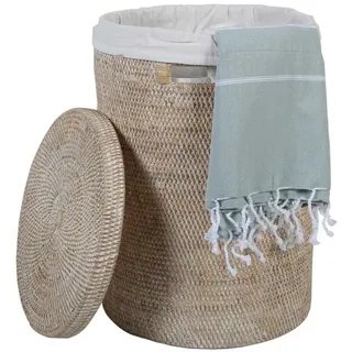 Casa Moro Wäschekorb Rattan Wäschebehälter Cleo Weiß rund mit Deckel & Innenfutter (Designer Weide Korb, Aufbewahrungskorb rustikal geflochten, Rattan Korb rund), Boho Chic Wäschesammler mit Griff beige|weiß 35 cm x 50 cm
