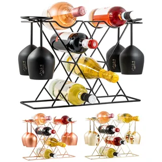 Gusto Nostro Kleines Weinregal Schwarz Metall mit Weinglashalter - Weinflaschenhalter für 8 Flaschen & 4 Gläser - Weinregal Klein - Modernes Weinflaschenregal Stehend, Flaschenregal Metall Wine Rack