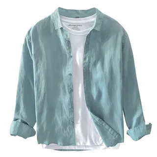 Icegrey Beiläufig Langarm Leinen Shirts Strand Hemden Herren Leinen Hemden Tiefes Blauer 50 (3XL EU)