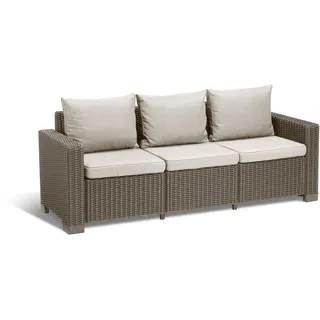 Keter California Gartensofa, ausgestattet mit DREI Sitzen und Kissen auf Sitzfläche und Rückenlehne, 198 x 68 x 71,5 cm, hergestellt mit charakteristischer geflochtener Oberfläche, Farbe Cappuccino