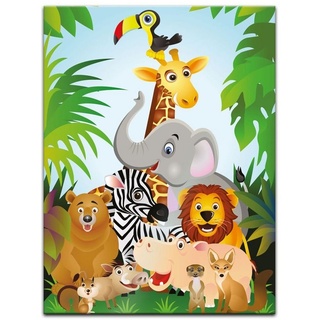 Bilderdepot24 Glasbild, Kinderbild Dschungeltiere Cartoon II bunt 60 cm x 80 cm