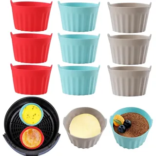 9-teiliges Silikon-zubehörset Für Heißluftfritteusen, Heißluftfritteusen-tablett, Mafin-becher, Kuchenform, Eierkuchenform, Silikon-backformen, Rot + Grau + Blau
