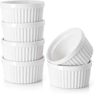 DOWAN Creme Brulee Schälchen Set, 6X 235ml Antihaft Souffle Förmchen Backofenfest, Porzellan Ramekins für Ragout Fin Schalen, Leckere Würzfleisch, Muffin, Panna Cotta, Spülmaschinenfest, Ø10cm-Weiß