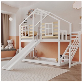 Ulife Etagenbett Doppelbett Kinderbett Hausbett mit Rutsche und Treppe, Blockhaus Kinderbett mit Absturzsicherung und Fenster,90x200 cm weiß