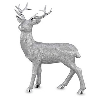 Kleine stehende Kunststein Deko Hirsch Figur - silbern glänzende Jagtfigur mit Geweih - Silberglanz Weihnachts-Deko zum Hinstellen Höhe 19 cm