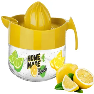 Zitronenpresse aus Glas, Orange, Grapefuit, manuelle Presse, kleine Zitruspresse, Extraktor, manuelle Hand mit Griff und Ausgießer, BPA-frei, schweres, kristallklares Glas, 286 ml (gelb – gemustert)
