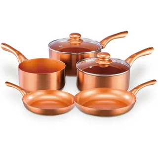 Cermalon 5-teiliges Kochgeschirr-Set aus der Kupfer-Kollektion, inklusive 2 x Bratpfannen und 3 x Töpfen, Keramik-Antihaftbeschichtung mit metallischem Kupfer-Außenmaterial, kompatibel für alle