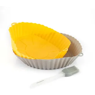 InnovaGoods - 2er Set Silikonbackformen für Heißluftfritteusen, Lebensmittelecht, Antihaft, Wiederverwendbar, Inkl. Küchenpinsel, Hitzebeständig, Flexibel mit Strukturiertem Boden, Grau, Silikon