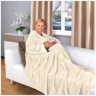 Wohndecke flauschige, tragbare Kuscheldecke mit Ärmeln und Fußtasche, Gräfenstayn, warme Ärmeldecke - TV Decke zum Anziehen - 200x170cm creme weiß 200 cm x 170 cm