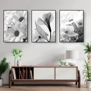 Martin Kench 3er Set Schwarz Weiß Blume-Poster Set Aesthetic Blume Leinwandbilder, Schwarz Weiß Blume Wandbilder Print Bilder für Wohnzimmer Deko, Ohne Rahmen (21x30cm)