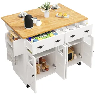 STILVORA Kücheninsel Servierwagen 140x73x94 cm Weiß mit ausziehbarer Platte, 5 Rollen mit Bremsen, Glas Türen, Schublade und Regalfächern