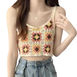 caoxhenr Damen Sommer Hohl Häkeln Tank Top Ethno Vintage Bunt Blumen Strick Weste Tops Boho Crop Top Camisole, Y, Einheitsgröße - Einheitsgröße