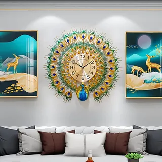 EURSON Große Wanduhr mit Pfauenmotiv, 70 cm, Metall-Design, Nicht tickend, geräuschlos, Kunst, Digitale Wanduhren für Wohnzimmer-Dekor
