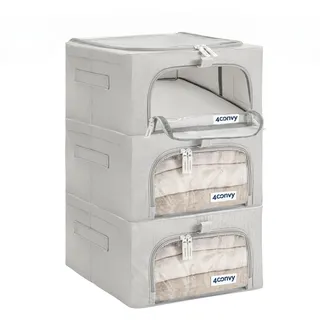 4CONVY feste faltbare Kleideraufbewahrung Box mit Metallrahmen, 2 transparente Fenster - [2024 VERBESSERTES MATERIAL] Aufbewahrungstasche für Bettdecken – stabile Aufbewahrungsbox für Kleidung - 3x24L