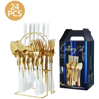 24-teiliges Besteckset Aus Edelstahl, Mit Halter, Spiegelglanz, Für 6 Personen, Spülmaschinengeeignet, Weiß Und Gold