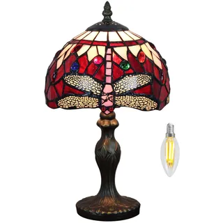 Kinbolas Tischlampe kleine im Tiffany Stil,Vintage Nachttischlampe,Schlafzimmer Fensterbank Deko Lampe,Jugendstil Tischleuchte,Libellen Buntglas lampenschirm 20cm / 8 Zoll Mit LED E14 Birne(J-4)