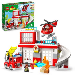 LEGO DUPLO Feuerwehrwache mit Hubschrauber, Feuerwehr-Spielzeug aus Bausteinen für Kleinkinder ab 2 Jahre, mit Feuerwehrauto und 2 Figuren, Ostergeschenk für Mädchen und Jungen 10970
