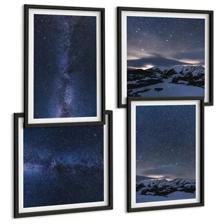 BILDER SET 4er Set - 50x50 cm & 40x60 cm Schwarzer Rahmen - Nachthimmel, Berge, Sterne