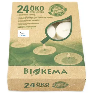 Öko-Teelichter Ø38 mm, BIOKEMA, ohne Alu-Hülle, Brenndauer ca. 4h, 24 St.
