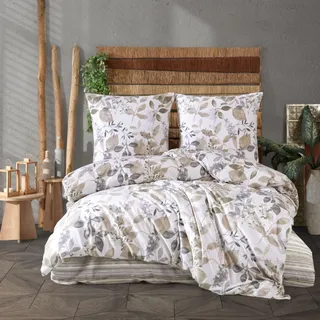 ZIRVEHOME Bettwäsche 240x220 cm dreiteilig Baumwolle Bettbezug Beige Grau Blättermuster Bettwäsche-Set und Kissenbezug, AzuraV1