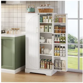 Yorbay Mehrzweckschrank Küchenschrank mit LED-Sensorlicht & höhenverstellbaren Regalen (60×35×128 cm) Doppeltüren Vorratschrank für Küche, Wohnzimmer & Esszimmer weiß