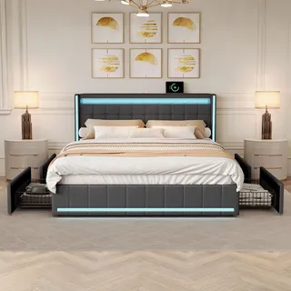 Polsterbett Doppelbett 160x200 cm, Stauraumbett mit 4 Schubladen, Bett 160x200 mit Bettkasten und Lattenrost, LED Kopfteil mit USB Ladestation, Jugendbett Funktionsbett Rückenlehne Bett, Leinen