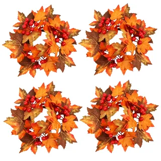 Herbstkerzenringe, 4 Stück 10 Zoll Ahornblatt-Kerzenringe mit Beeren | Lebensecht und lebendig, langlebig, passend für Kerzenhalter und Stumpenkerzen, Herbst- Thanksgiving-Schrankdekoration